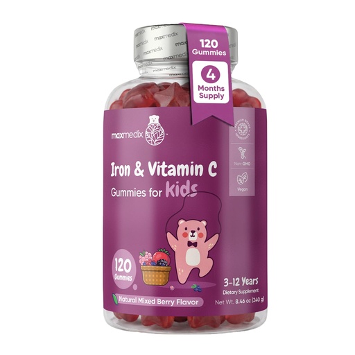 [BRSROEDROIPGA2TF] maxmedix Kids Iron Gummies with Vitamin C | 120 Gummies (4-Month Supply) | 7mg of Kids Iron Supplement with Vitamin C 10mg | Natural Mixedberry Flavored | 1 Gummy per Day | Vegan, Non-GMO