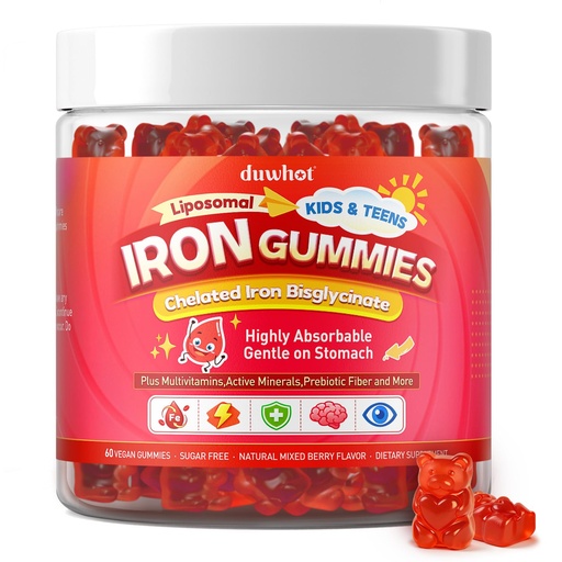 [BRSRGAI7CUMAO2DJ] duwhot Iron Gummies for Kids Teen, Liposomal Iron Bisglycinate with Vitamin C, Chewable Iron Supplement plus Multivitamins, Minerals & More, Energy, Immunity & Blood Support, Sugar Free,Vegan,60 Chews