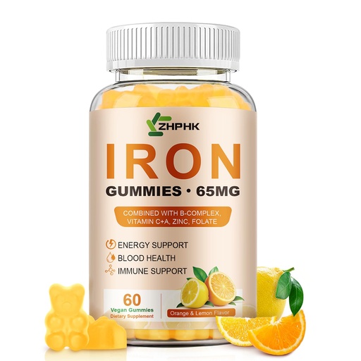 [BRSREAD5O4HAE2QZ] Iron Supplement Gummies, 65mg Iron and 250mg Vitamin C for Women Men Kids, Natural Vegan with Vitamin A, B-Complex, Biotin, Zinc & Folate Energy Support & Immune Health, 60 Count