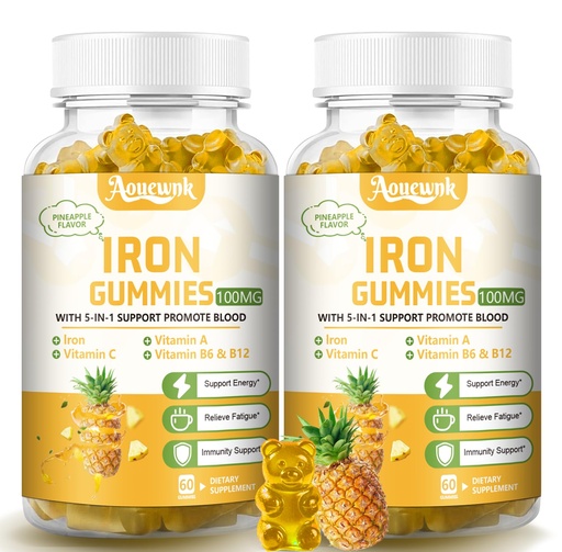 [BRSREEIEA4NR4G3A] 2 Packs 100MG Iron Supplements Gummies for Women & Men - Contains Vitamin C, A, B - Suitable Adults & Kids, Iron Deficiency, Immune & Energy Support, Pineapple Flavor, Non-GMO, 120 Counts
