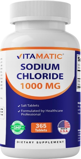 [BRSROHY6CB5GAHI6] Vitamatic Sodium Chloride 1000mg – 365 Tablets Electrolyte Replenisher & Hydration Support – Non-GMO, Gluten-Free