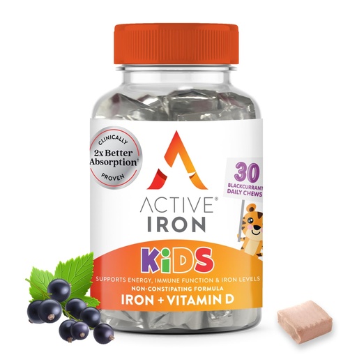 [BRSRAAIKDJ7AO3A2] Active Iron Supplement 7mg + Vitamin D for Kids, Clinically Proven Better Absorption, Increase Iron & Energy Levels, Gentle & Non-Constipating, Supports Growth & Immune Health, 30 Blackcurrant Chews