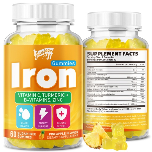 [BRSRABI2BV5GAETU] Iron Gummies with Multivitamin for Adults & Kids – Packed with Vitamin B6, B12, C, Zinc, and Folate – for Blood Health & Energy Boost – Pineapple Flavor, Vegan-Friendly, 60 Gummies