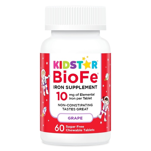 [BRSROHQTBN5AIADU] KidStar Nutrients BioFe Pure Iron Chewables, Natural Grape Flavour, 10 Mg Iron Per Tablet, No Sugar 60 Chewable Tablets
