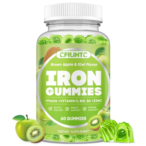 [BRSRE2YCDN6WEH3K] Center-Filled Iron Gummies for Adults & Kids - Iron Supplement with Vitamin B6, B12, C, Zinc, Folate - Support Women Iron Deficiency, Anemia, Blood Builder - Sugar Free Vegan 60ct Apple & Kiwi Flavor