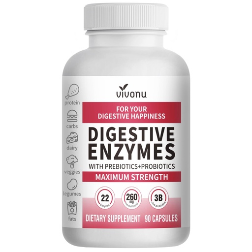 [BRSRGBAQCUCBQCTU] VivoNu Digestive Enzymes | 22 Enzymes with Organic Prebiotics & Probiotics | Supports Digestion* of Protein, Carbs, Fiber & Dairy | 90 Capsules