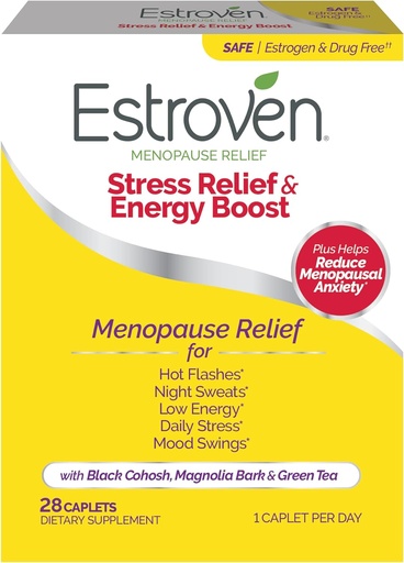 [BRSWIYQ4AYFRYYLM] Estroven Stress Relief & Energy Boost for Menopause Relief - 28 Ct. - Clinically Proven Ingredients Provide Stress & Energy Support + Night Sweats & Hot Flash Relief - Drug-Free and Gluten-Free