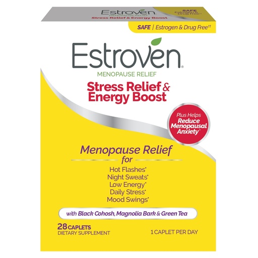 [BRSWIYQ4AYFRYYLM] Estroven Stress Relief & Energy Boost for Menopause Relief - 28 Ct. - Clinically Proven Ingredients Provide Stress & Energy Support + Night Sweats & Hot Flash Relief - Drug-Free and Gluten-Free