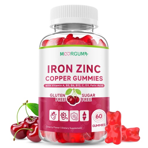 [BRSRECYNBMMWKG35] Iron, Zinc, Copper Supplements for Women & Men, Mineral Gummies with Vitamin A, B5, B6, C, D3, B12 for Adults & Kids, Promote Energy, Support Immunity, Bone Health, Sugar Free, Cherry Flavor, 60 Count