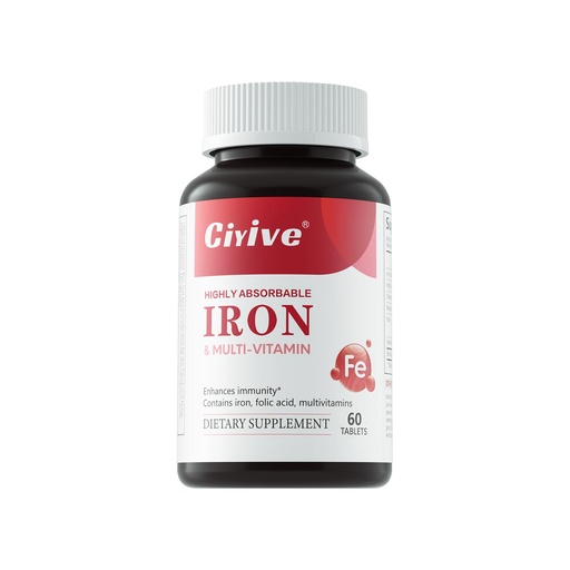 [BRSRAFAQOUFRMCD3] Gentle Iron (Ferrous Bisglycinate Chelate) with Vitamin C, B12 & Folate — 25 mg Iron — 60 Tablets, 2-Month Supply