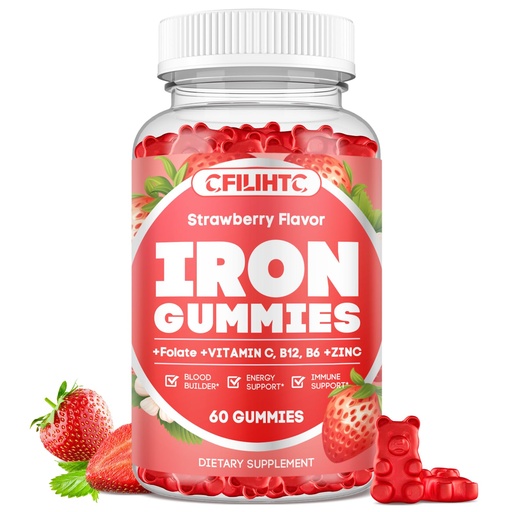 [BRSRAFAYPIOQ4AAZ] Iron Gummies for Women & Men - Iron Supplement with Vitamin B6, B12, C, Zinc, Folate for Adults & Kids - Support Iron Deficiency, Anemia, Energy Boost, Blood Builder - Sugar Free Vegan 60ct Strawberry