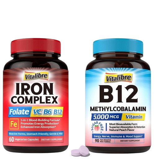 [BRSREEIRDEFRUHQU] Iron Supplement for Women & Men,60 Vegan Caps & Vitamin B12 Sublingual 5000 mcg, 90 Fast Dissolve Mini Tablets