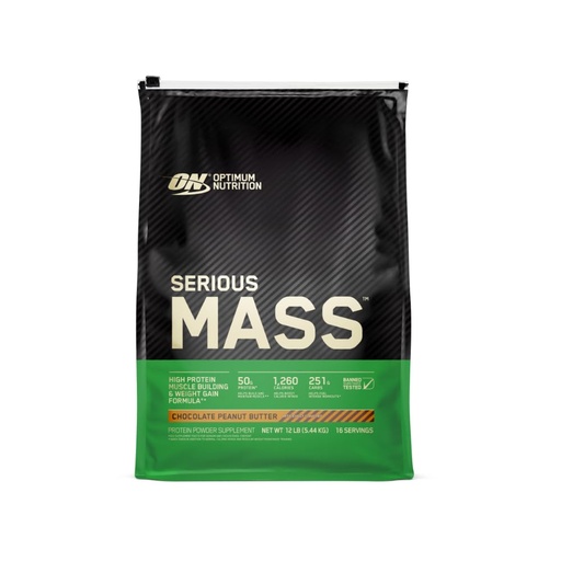 [BRSWIHI7OMPQ2ELE] Optimum Nutrition Serious Mass, Weight Gainer Protein Powder, Mass Gainer, Vitamin C and Zinc for Immune Support, Creatine, Chocolate Peanut Butter, 12 Pound (Packaging May Vary)