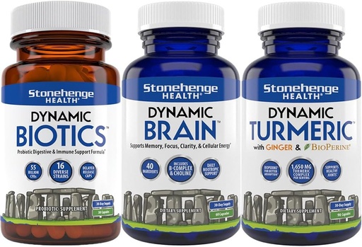[BRSW2BD7B4FQODTD] Stonehenge Health Dynamic Biotics Probiotic, Dynamic Brain, Dynamic Turmeric: Energy, Joints, Digestion, Soutien cognitif, Mémoire, Focus, et Clarity