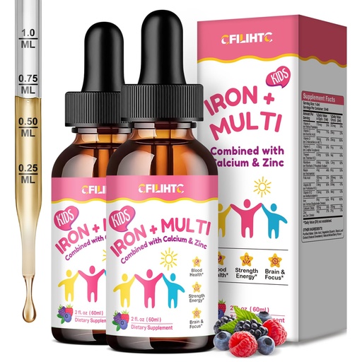 [BRSREA34C4MQGHQ6] Liquid Iron Supplement for Kids, Women & Men - with Calcium, Zinc, Kids Multivitamin with Iron Drops - Blood Builder & Energy Support for Iron Deficiency, Anemia, Mixed Berry Flavor 4 Fl Oz