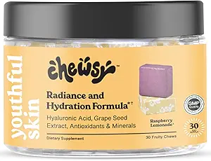 [BRSRMH34AB4BQ3T7] Chewsy Youthful Skin, Fruity Chews Vitamins, Radiance & Hydration Formula, Hyaluronic Acid, Grape Seed Extract, Antioxidants & Minerals, Vitamins Raspberry Lemonade Flavor 30-Day Supply