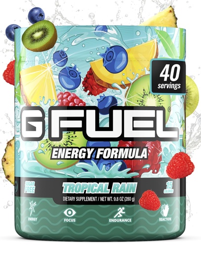 [BRSWKGTZBYOQCELC] Gamma Labs G Fuel Tropical Rain Energy Drink Powder, Pre Workout Caffeine Mix for Gaming, Sugar Free Focus Amino, Vitamin + Antioxidants, 9.8oz Fruit Medley, 40 Servings