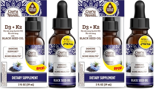 [BRSRGGQKDFYRE23K] GuruNanda Black Seed Oil, Cold-Pressed Nigella Sativa - Rich in Vitamin D3 5000 Units, K2 & E, High Thymoquinone | Potent Antioxidant for Immune Support, Non-GMO, 2 Fl.oz,(Pack of 2)