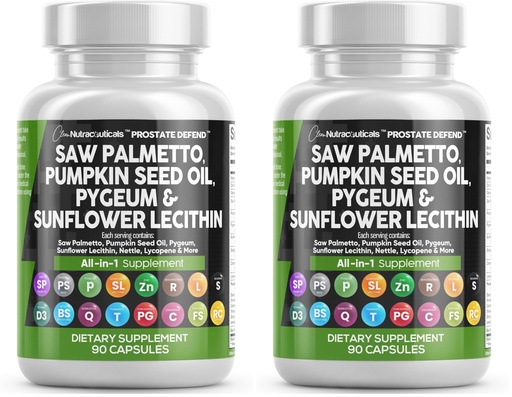 [BRSRGGQZAANQ2CL5] Clean Nutraceuticals Saw Palmetto Pumpkin Seed Oil Pygeum Sunflower Lecithin Stinging Nettle Cranberry - Prostate Supplements for Men with Lycopene - 90 Caps (Pack of 2)