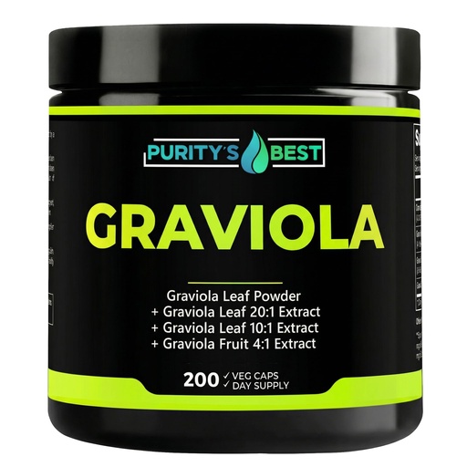 [BRSRAHYYCACBSD3X] Purity's Best Graviola (Soursop) Supplement, Concentrated 377.5 mg Formula, Supports Immune Function & Antioxidant Protection, 200 Veggie Capsules, Made in USA.