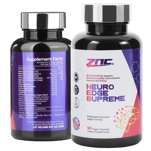 [BRSRGEITBUBAYYL3] ZNC® Brain Supplement Nootropic for Memory & Focus with Alpha GPC Ginkgo Biloba Bacopa Monnieri Vitamin B6 B12 Phosphatidylserine 90 Ct