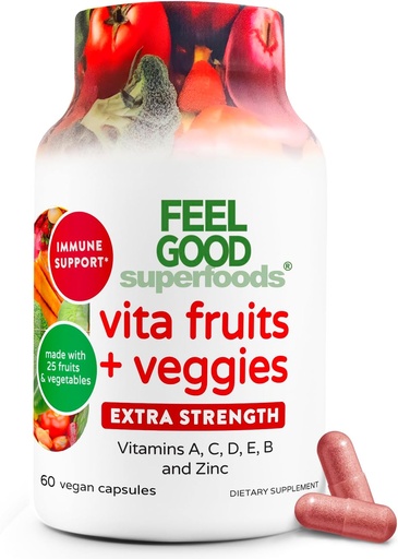 [BRSWYGD5BAARQDTP] Feel Good Superfoods 1000 mg Immune Support Capsules 25 Organik Meyve ve Sebzelerle, Vitaminler A, C, D3 ve Çinko ile Güçlü Immunity Alerts, 60 Count