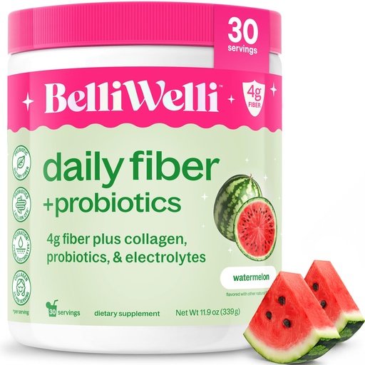 [BRSRGBQQDF7BM2TF] Belli Welli Fiber Supplement for Women & Men – Premium Daily Fiber Powder from Organic Acacia with Added Collagen, Electrolytes & Probiotics – No Bloat, Constipation & Gut Health Support (Watermelon)