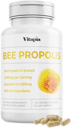 [BRSWGAYQOUMRU3IZ] Bee Propolis Extract Capsules 1000mg Supplement for Immune Support, Vitality, Skin Health - Potent Polyphenols, Flavanoids, Antioxidants - 120 Count, Non-GMO, Gluten-Free