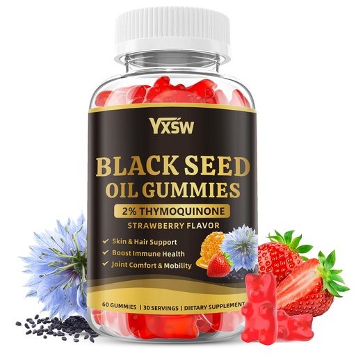 [BRSREBA2CMNQADL3] Black Seed Oil Gummies 500mg with Honey and 2% Thymoquinone, Nigella Sativa Seeds for Boost Immune Health, Joints, Digestion, Hair & Skin, Strawberry Flavor, 60 Count
