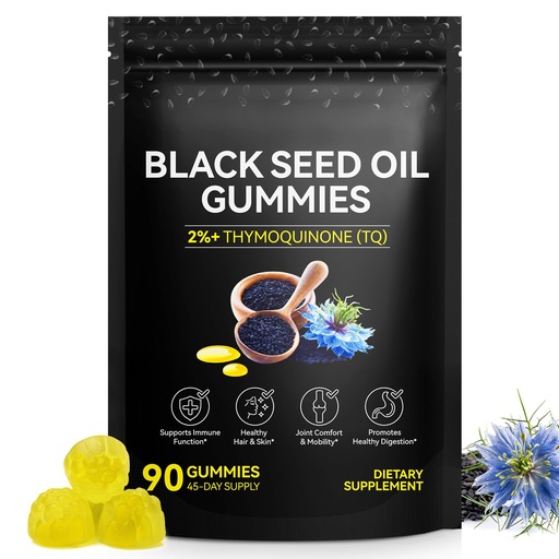 [BRSREGT4O4FQOH32] Black Seed Oil Gummies,Contains 500mg of Cold-Pressed Black Seed Oil,Promotes Digestion | Gluten Free | Non-GMO | Pectin Base,Hair Strength & Skin Hydration,90 Gummies