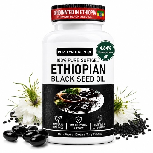 [BRSRGC35PINWKG3Z] Ethiopian Black Seed Oil Softgels: 4.64% Thymoquinone - Cold-Pressed Black Seed Oil Capsules - Non-GMO and Gluten-Free for Daily Immune & Digestive Support 60 Softgels