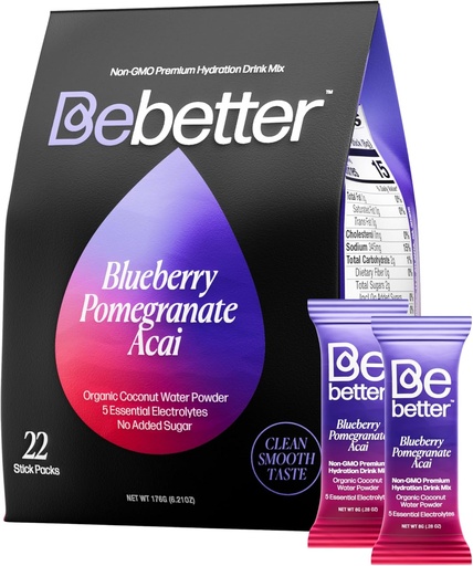 [BRSROGARO4BWOHIV] BeBetter Organic Electrolytes Powder Packets | Electrolyte Drink Mix | Organic Coconut Water | No Artificial Flavors | Sugar Free Hydration Packets | Non-GMO | 22 Sticks (Blueberry, Pomegranate, ACAI)