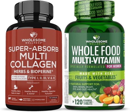 [BRSRAYI7B57R6ETO] Wholesome Wellness Super-Absorb Multi Collagen Pills (Type I II III V X) Organic Herbs and Bioperine + Whole Food Multivitamin for Women - Natural Multi Vitamins, Minerals, Organic Extracts Bundle