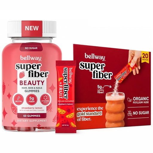 [BRSRYYYDB4FGMC3Z] Bellway Super Fiber Gummies + Beauty and Fruit Packets Bundle, Chicory Root Fiber with Biotin and Vitamins A C E Plus Organic Psyllium Husk Packets, Sugar Free (60 Count + 20 Packets)