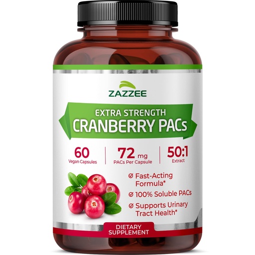 [BRSREGIHA4AWKHQ4] Zazzee Cranberry PACs 72 mg per Capsule, 50:1 Extract, 60 Vegan Capsules, 2X Strength, 2 Month Supply, Fast-Acting, Effective Urinary Tract & Bladder Support, 100% Soluble PACs, Made in the USA