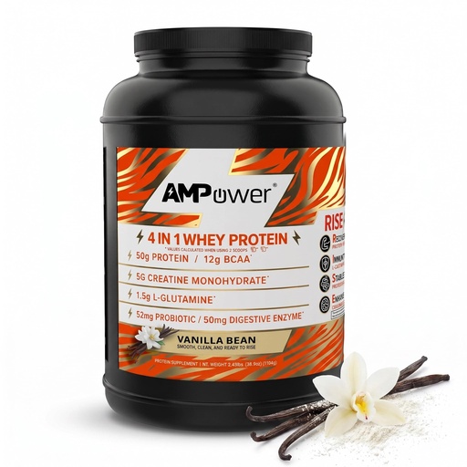 [BRSRGELQDEBA4CI6] AMPOWER Vanilla Bean Whey Protein Powder - R.I.S.E Formula Designed by Athletes - 25g Protein, BCAA, Creatine, L-glutamine, Probiotics & Digestive Enzymes - Whey Isolate Protein Powder 30 Servings