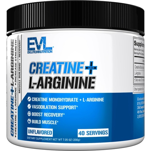 [BRSREZD6AUHRU2D3] Evlution Nutrition Creatine + L-Arginine - Supports Vascularity, Recovery & Lean Muscle Growth - 2500mg Creatine Monohydrate & 2500mg L-Arginine Per Serving - 40 Servings - Unflavored Powder