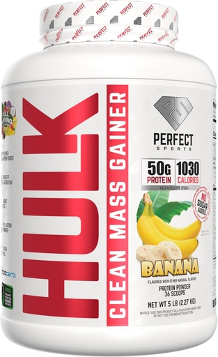 [BRSREALRDMJW223Z] PERFECT SPORTS Hulk Clean Mass Gainer | 50g Whey Protein | Full Serving of Fruits & Veggies | 99% Removed Lactose & Gluten Free | 5 Pounds (Banana)