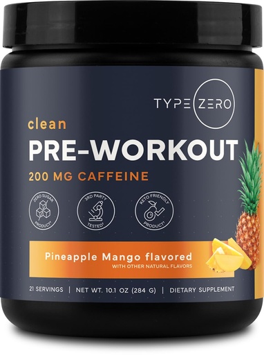 [BRSRGFIFCADRQAL6] Type Zero Clean Pre Workout Powder - 200mg Natural Caffeine, L-Citrulline Malate, Beta Alanine, Alpha GPC, Huperzine A, Himalayan Salt - Sugar Free, 21 Servings, Pineapple Mango