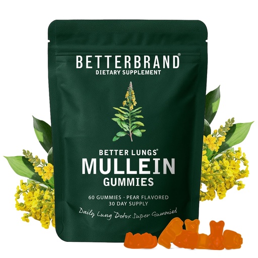 [BRSROFQHOYGRUEQ4] Betterbrand Mullein Chewable Gummies for Lung Cleanse and Detox, Respiratory Health Supplement, 1000mg Mullein Extract per Serving, 60 Gummies - 30 Day Supply - Pear Flavored