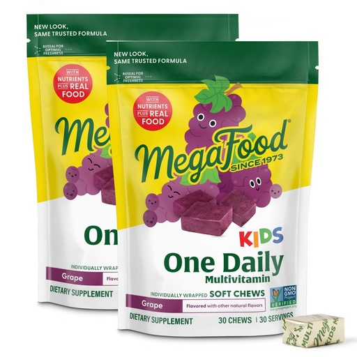 [BRSW2BQRO4IQMHYV] MegaFood One Daily Kids Vitamins Multivitamin Soft Chews - Vitamin B, C, D & E - Age 4+, Vegetarian, Made Without 9 Food Allergens - Grape Flavor – 30 Chews (2 Pack)
