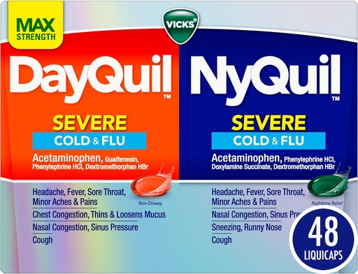 [BRSWGFQYOIBBQF3F] VICKS DayQuil & NyQuil SEVERE Co-Pack, Cold & Flu Medicine, Powerful Relief for Headache, Fever, Sore Throat, Minor Aches & Pains, Congestion, Sinus Pressure, Stuffy Nose, and Cough, 48 LiquiCaps