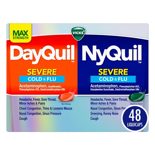 [BRSWGFQYOIBBQF3F] Vicks, DayQuil and NyQuil Severe Co-Pack, Cold and Flu Medicine, Powerful Relief for Headache, Fever, Sore Throat, Minor Aches and Pains, Congestion, Sinus Pressure, Stuffy Nose, 48 LiquiCaps