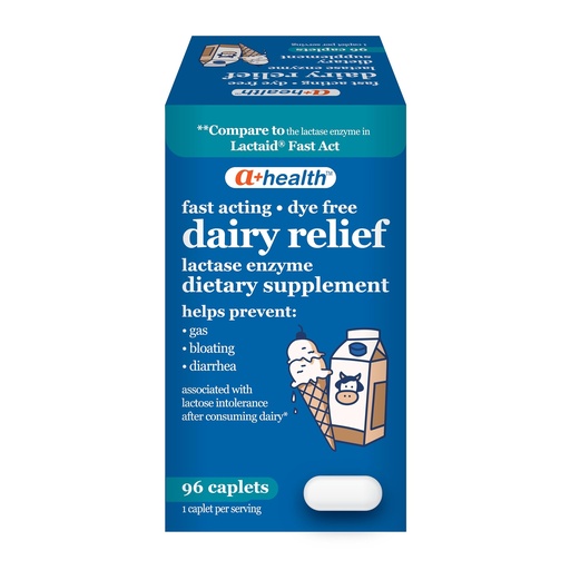 [BRSREAQDOB7GGFLX] A+Health Dairy Relief Lactase Enzyme 96 Count, 9000 FCC Caplets, Fast Acting, Dye-Free, Dietary Supplement, Helps Prevent Gas, Bloating, Diarrhea Associated with Lactose Intolerance