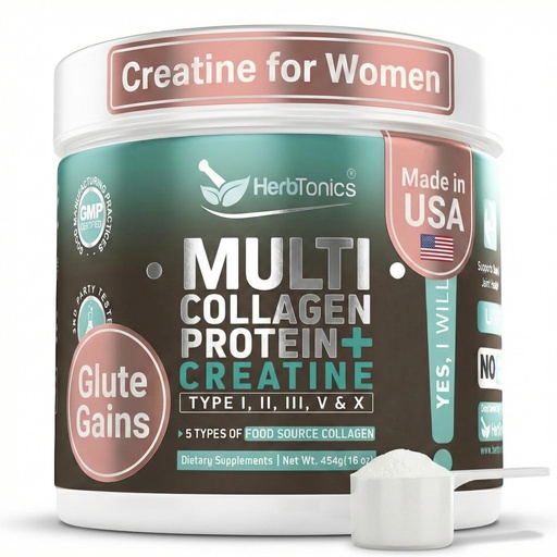 [BRSWGZIECMHW2FDZ] Herbtonics Creatine for Women 5000mg Creatine Monohydrate + Multi Collagen Protein Powder (Type I, II, III, V, X) – Lean Muscle, Recovery & Skin Support – Grass-Fed, No Bloat, Unflavored – 30 Servings