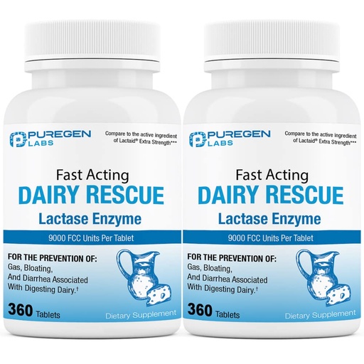 [BRSROZALAF4BYH3D] Puregen Labs Dairy Relief Fast Acting Lactase Enzyme 9000 FCC, Lactose Intolerance 720 Total Tablets