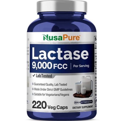 [BRSRAY34CR4AEGTZ] NusaPure Lactase Enzyme 9000 FCC, Lactase Unit, Suitable for Vegetarians/Vegan, Non-GMO, 220 Veg Capsules
