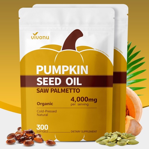 [BRSRGBQNCABA4H3D] VivoNu Pumpkin Seed Oil with Saw Palmetto Capsules, 4000mg 300 Softgels | Organic, Cold Pressed | DHT Blocker | Supports Hair, Urinary, Bladder & Prostate Health | Non-GMO