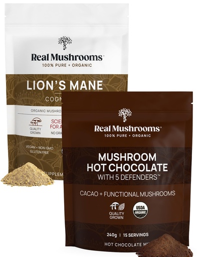 [BRSRM2YZOIHQ433V] Real Mushrooms Hot Chocolate Mix (15 Servings) and Lion’s Mane (60 Servings) Powder Bundle - Mushroom Powder Supplement for Daily Immunity & Cognition Support - Gluten-Free, Non-GMO, Vegan