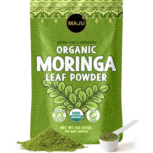 [BRSWGBL4CABQ4YLV] MAJU's Organic Moringa Powder (1 Pound), Oleifera Leaf, Extra-Fine Quality, Dried Drumstick Tree Leaves, For Tea, Smoothies, Food-Grade